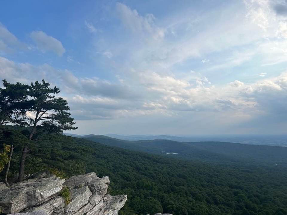 view from mountaintop A scenic view of a rocky ledge, lush green forest, and expansive sky with clouds, creating a serene natural landscape panorama.