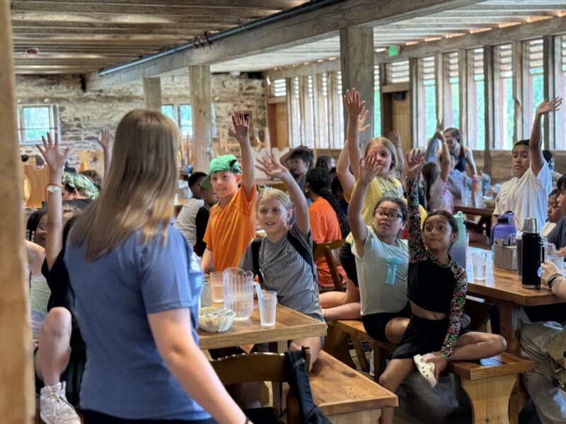 Kids eagerly raise hands in a rustic wooden interior during a group session, interacted by a person in a blue shirt.